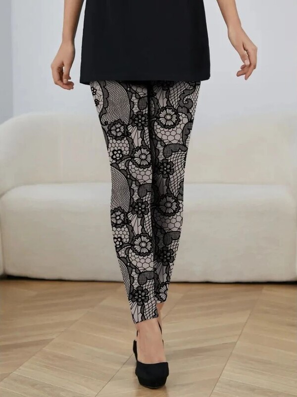 Imitație dantelă imprimată elastic cu talie elastică leggings casual subțiri pentru femei