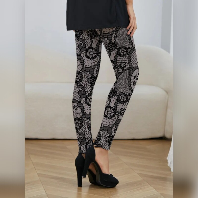 Imitație dantelă imprimată elastic cu talie elastică leggings casual subțiri pentru femei