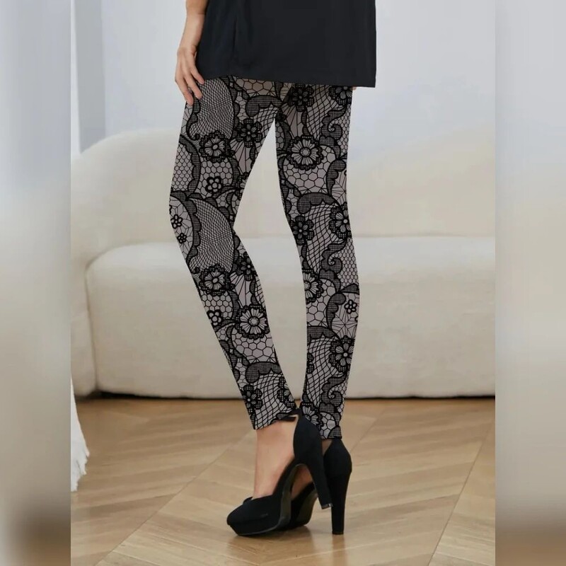 Imitație dantelă imprimată elastic cu talie elastică leggings casual subțiri pentru femei