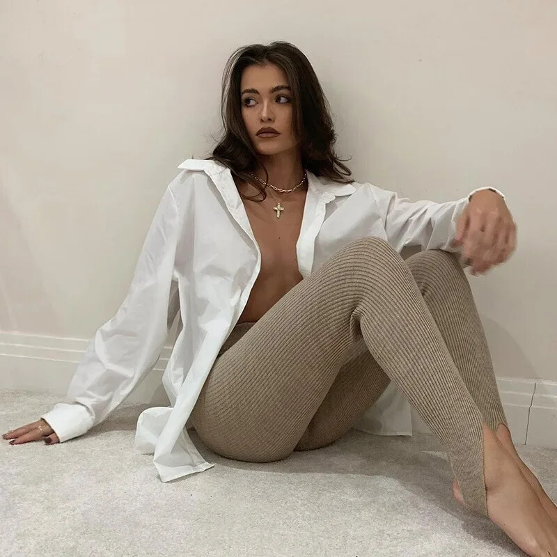 Jambiere din tricot cu nervuri bej pentru femei cu talie înaltă, din bumbac, pantaloni de fitness de bază, ocazional de primăvară, colanți slăbănogi pentru femei.