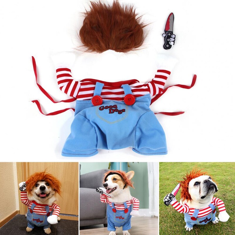 1 szett Pet Cosplay jelmez Kísérteties Halálos baba Kutyaruhák Sokoldalú, kényelmes halloween-ruha kutyáknak macskáknak Chucky jelmezek