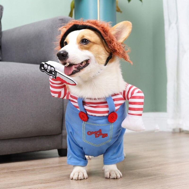 1 szett Pet Cosplay jelmez Kísérteties Halálos baba Kutyaruhák Sokoldalú, kényelmes halloween-ruha kutyáknak macskáknak Chucky jelmezek