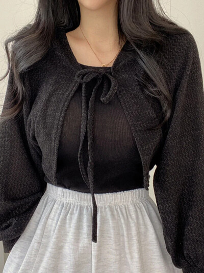 Cardigan tricotat alb pentru femei, vară, subțire, cu protecție solară, cu șireturi, tricotaje Topuri, pentru femei, în stil coreean, haină scurtă cu mânecă lanternă