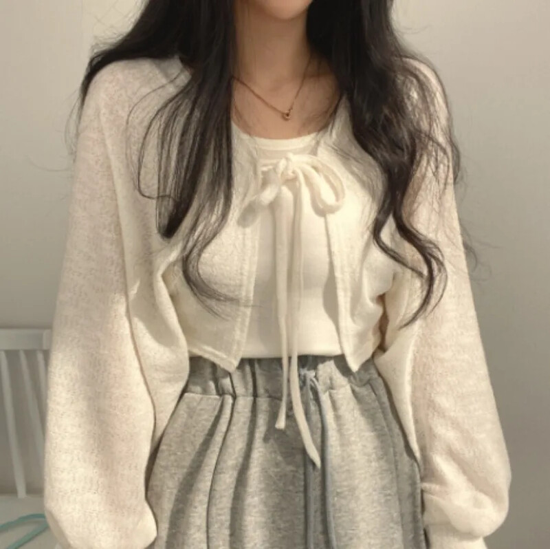 Cardigan tricotat alb pentru femei, vară, subțire, cu protecție solară, cu șireturi, tricotaje Topuri, pentru femei, în stil coreean, haină scurtă cu mânecă lanternă