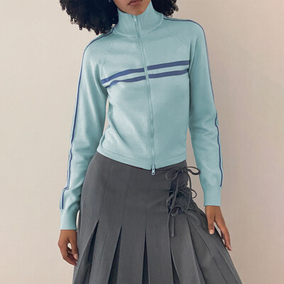 Gaono Jachetă de antrenament tricotată pentru femei, cu imprimeu în dungi, ocazional, cu mânecă lungă, cu fermoar, pentru îmbrăcăminte de exterior