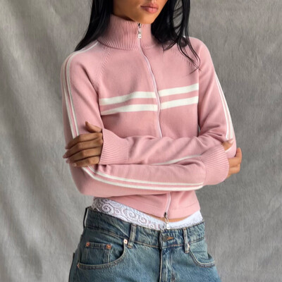 Gaono Jachetă de antrenament tricotată pentru femei, cu imprimeu în dungi, ocazional, cu mânecă lungă, cu fermoar, pentru îmbrăcăminte de exterior