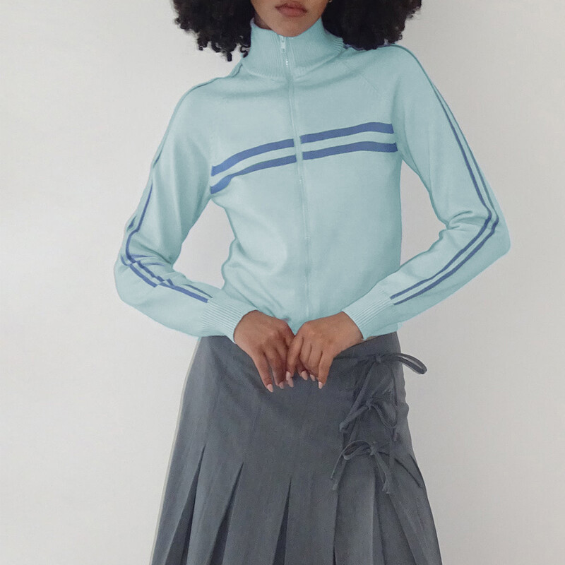 Gaono Jachetă de antrenament tricotată pentru femei, cu imprimeu în dungi, ocazional, cu mânecă lungă, cu fermoar, pentru îmbrăcăminte de exterior