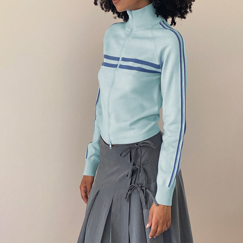 Gaono Jachetă de antrenament tricotată pentru femei, cu imprimeu în dungi, ocazional, cu mânecă lungă, cu fermoar, pentru îmbrăcăminte de exterior