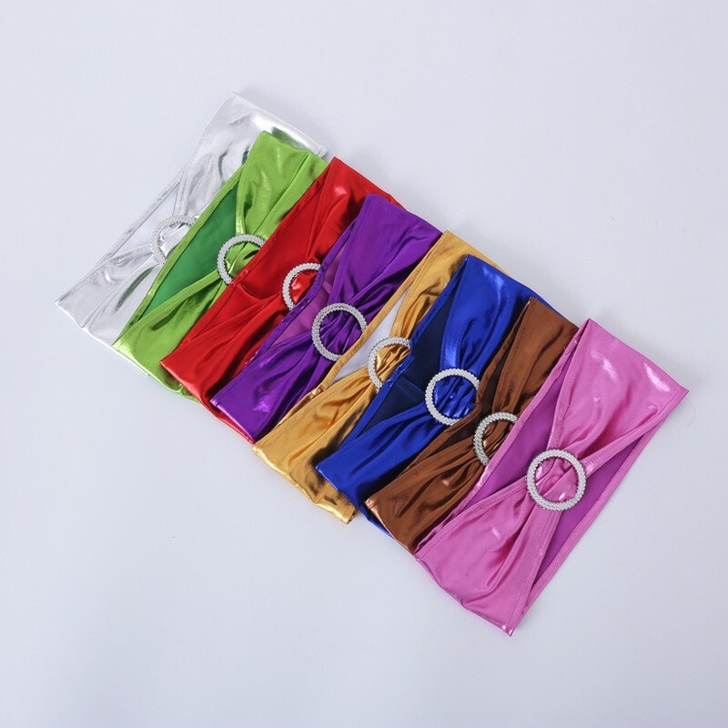 10 bucăți metalic, auriu, argintiu, elastic elastic, scaun de spandex, bandă cu arc, cataramă rotundă, cravată pentru scaun de nuntă, decorație pentru banchet de hotel