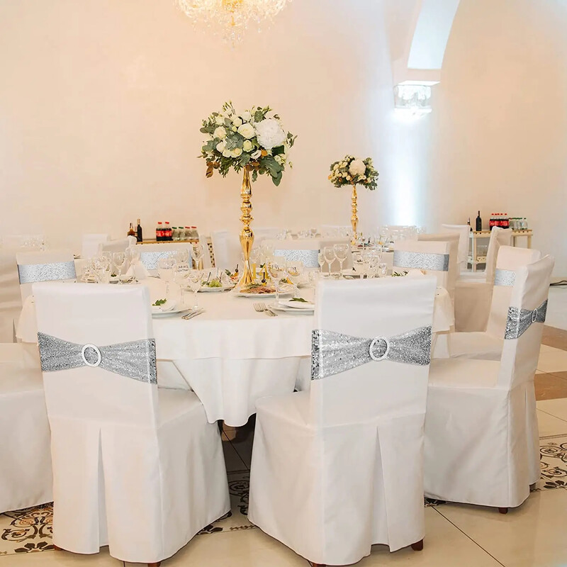 10db flitteres szék csípőpánt Spandex csillogó székszalag nyakkendő kerek csattal parti bankett rendezvények esküvői dekorációjához