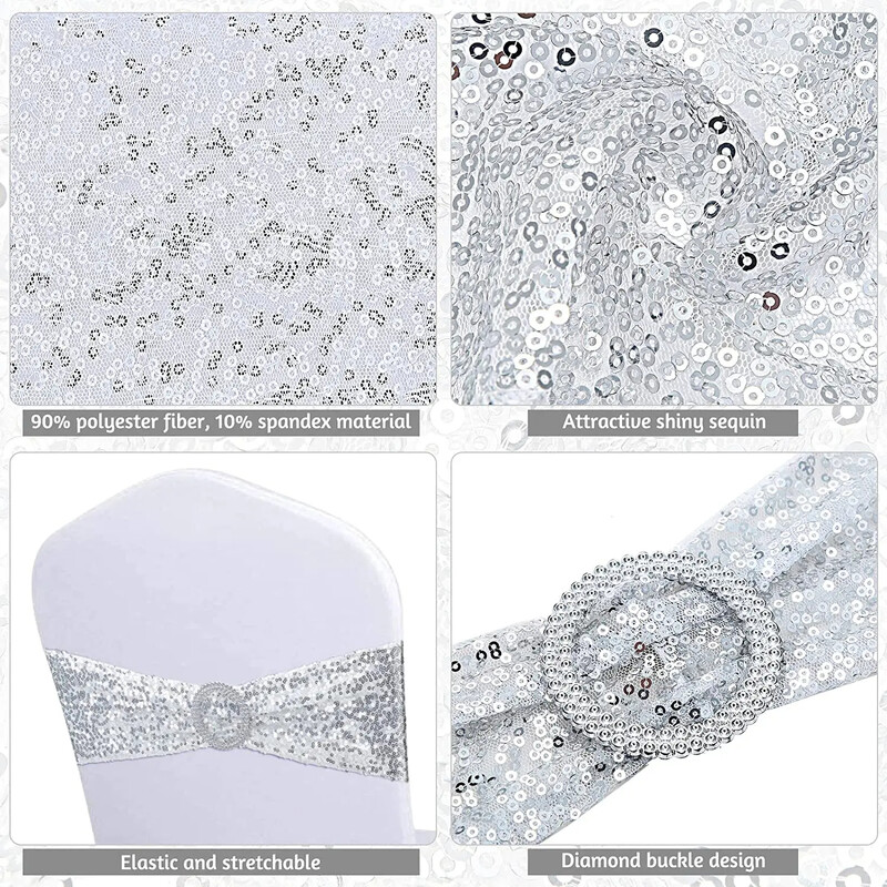 10db flitteres szék csípőpánt Spandex csillogó székszalag nyakkendő kerek csattal parti bankett rendezvények esküvői dekorációjához
