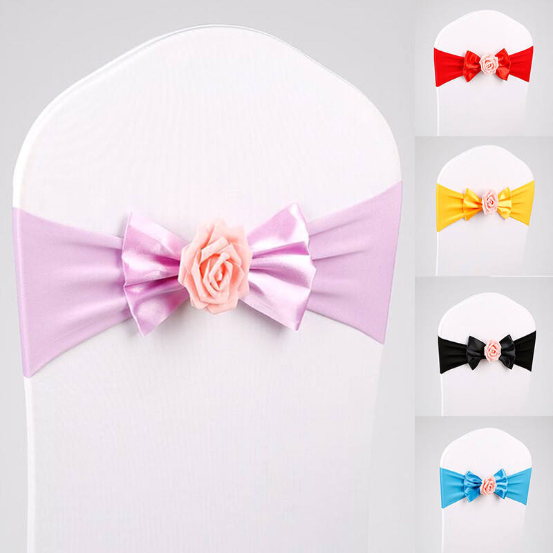 Scaun de nuntă cu fundă, cu nod, panglică, cu flori de trandafir, benzi pentru scaune cu fundă, cerceve pentru scaun pentru petrecere, eveniment, hotel, banchet, decorațiuni de nuntă