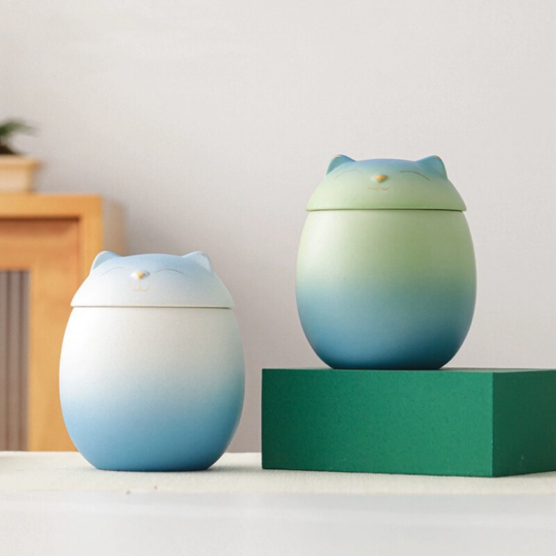 „Fortune Cat“ arbatos balionėlis, rankų darbo keramikinis gradiento spalvos arbatos balionėlis, sandarinamasis indelis namų drėgmės mažas arbatos sandėlis