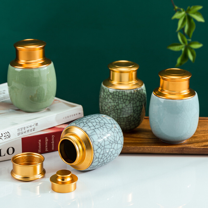 Urnă memorială pentru animale de companie, cenușă pentru animale de companie de dimensiune centrală, frunze de glazură crăpate din ceramică, cenușă decorativă, Coffi funerar pentru memorial animalelor