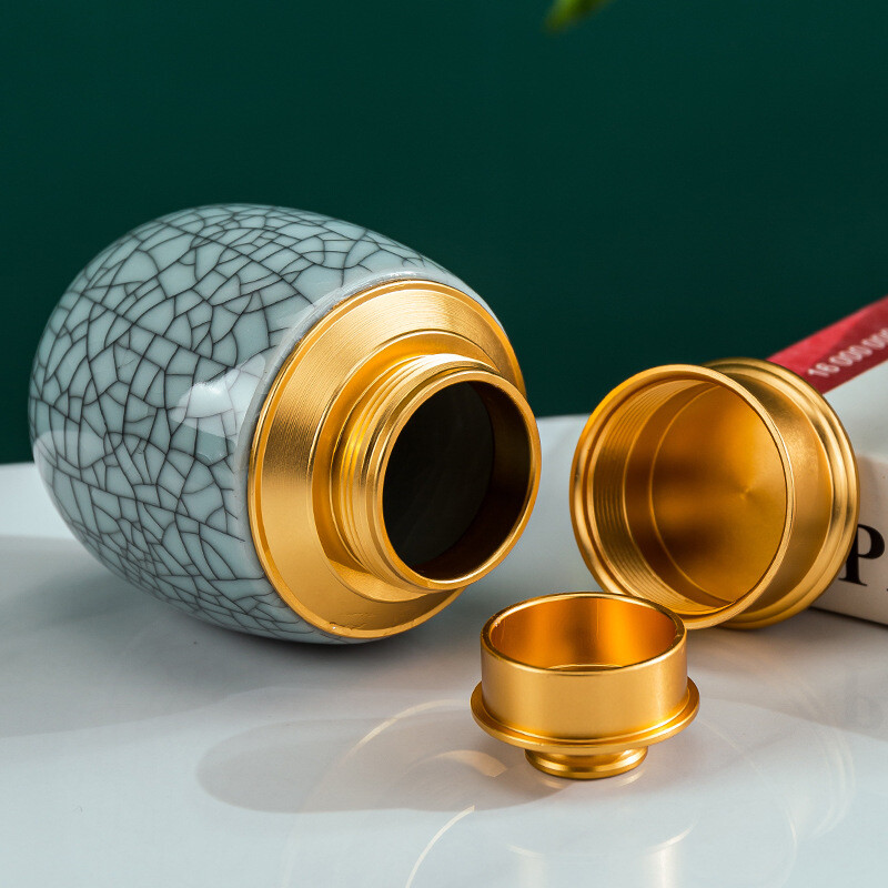 Urnă memorială pentru animale de companie, cenușă pentru animale de companie de dimensiune centrală, frunze de glazură crăpate din ceramică, cenușă decorativă, Coffi funerar pentru memorial animalelor