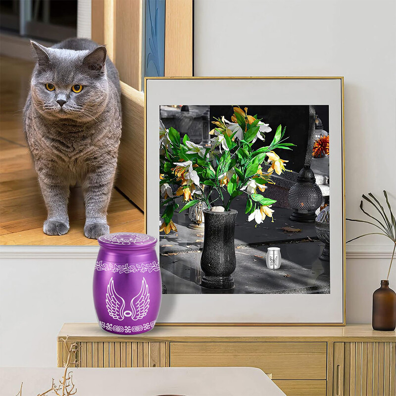 Urnă mică de amintire de 1,57 inci pentru pisici și câini Cenușă Aripi de înger Mini Urnă Din aliaj de aluminiu Suport pentru cenuşă Motiv de flori