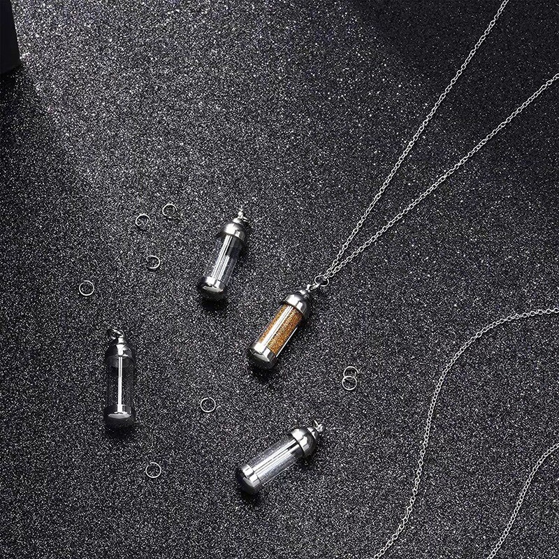 Cilindra dzidra stikla kaklarota no nerūsējošā tērauda sirds flakona smaržu pudele kremācijas urnas kulons sievietēm, piemiņa