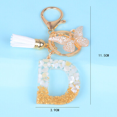 Breloc cu pandantiv cu ciucuri fluture, piatră smălțuită albă, de la A la Z, rășină, 26 de inițiale, pentru femei bărbați, suport pentru chei de mașină, cadou