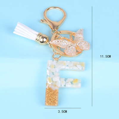 Breloc cu pandantiv cu ciucuri fluture, piatră smălțuită albă, de la A la Z, rășină, 26 de inițiale, pentru femei bărbați, suport pentru chei de mașină, cadou