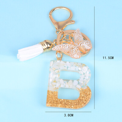 Breloc cu pandantiv cu ciucuri fluture, piatră smălțuită albă, de la A la Z, rășină, 26 de inițiale, pentru femei bărbați, suport pentru chei de mașină, cadou
