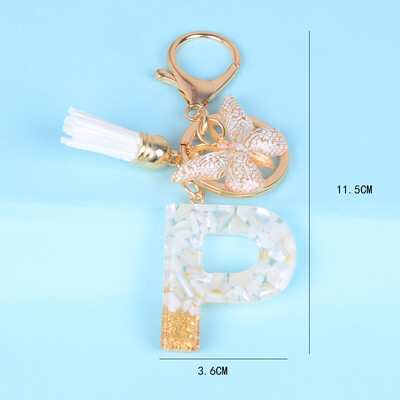 Breloc cu pandantiv cu ciucuri fluture, piatră smălțuită albă, de la A la Z, rășină, 26 de inițiale, pentru femei bărbați, suport pentru chei de mașină, cadou