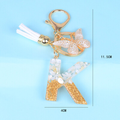 Breloc cu pandantiv cu ciucuri fluture, piatră smălțuită albă, de la A la Z, rășină, 26 de inițiale, pentru femei bărbați, suport pentru chei de mașină, cadou