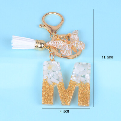 Breloc cu pandantiv cu ciucuri fluture, piatră smălțuită albă, de la A la Z, rășină, 26 de inițiale, pentru femei bărbați, suport pentru chei de mașină, cadou