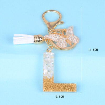 Breloc cu pandantiv cu ciucuri fluture, piatră smălțuită albă, de la A la Z, rășină, 26 de inițiale, pentru femei bărbați, suport pentru chei de mașină, cadou
