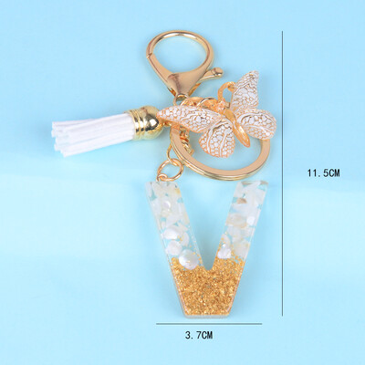 Breloc cu pandantiv cu ciucuri fluture, piatră smălțuită albă, de la A la Z, rășină, 26 de inițiale, pentru femei bărbați, suport pentru chei de mașină, cadou