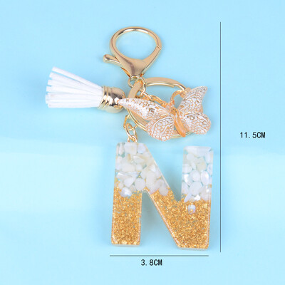 Breloc cu pandantiv cu ciucuri fluture, piatră smălțuită albă, de la A la Z, rășină, 26 de inițiale, pentru femei bărbați, suport pentru chei de mașină, cadou