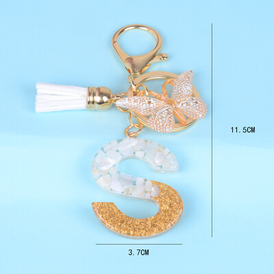 Breloc cu pandantiv cu ciucuri fluture, piatră smălțuită albă, de la A la Z, rășină, 26 de inițiale, pentru femei bărbați, suport pentru chei de mașină, cadou