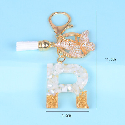 Breloc cu pandantiv cu ciucuri fluture, piatră smălțuită albă, de la A la Z, rășină, 26 de inițiale, pentru femei bărbați, suport pentru chei de mașină, cadou