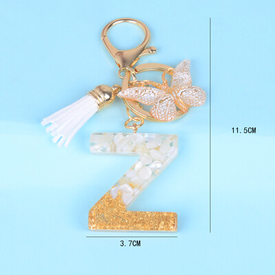 Breloc cu pandantiv cu ciucuri fluture, piatră smălțuită albă, de la A la Z, rășină, 26 de inițiale, pentru femei bărbați, suport pentru chei de mașină, cadou