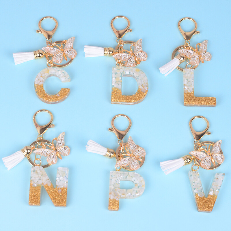 Breloc cu pandantiv cu ciucuri fluture, piatră smălțuită albă, de la A la Z, rășină, 26 de inițiale, pentru femei bărbați, suport pentru chei de mașină, cadou