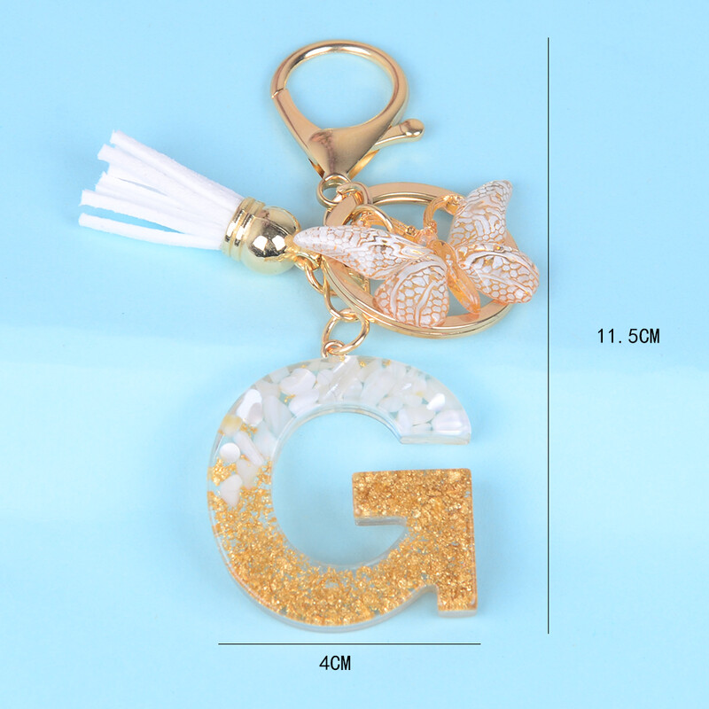Breloc cu pandantiv cu ciucuri fluture, piatră smălțuită albă, de la A la Z, rășină, 26 de inițiale, pentru femei bărbați, suport pentru chei de mașină, cadou