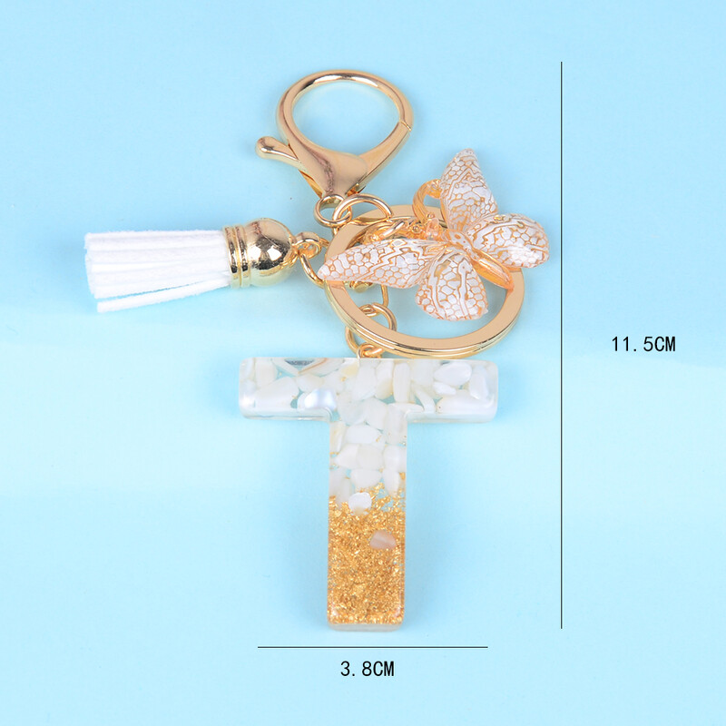 Breloc cu pandantiv cu ciucuri fluture, piatră smălțuită albă, de la A la Z, rășină, 26 de inițiale, pentru femei bărbați, suport pentru chei de mașină, cadou