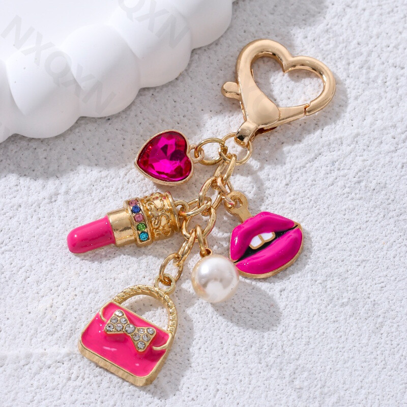 Pretty Rose Red Bag Buze Flamingos Ruj Email Breloc Inima minunată Animale Breloc pentru femei Fete Set de bijuterii lucrate manual