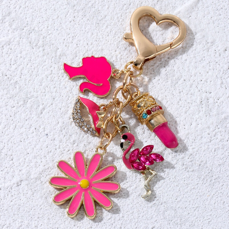 Pretty Rose Red Bag Buze Flamingos Ruj Email Breloc Inima minunată Animale Breloc pentru femei Fete Set de bijuterii lucrate manual