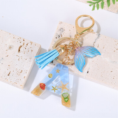 Μπρελόκ Gradient Initial letter for Women Tassel Whale Ocean Style Car Keychain for Handbags Charm bag bag