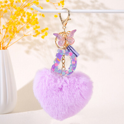 Pom pom în formă de inimă violet Breloc inițial cu paiete Breloc inimă cu 26 de litere pandantiv pentru geantă cuplu de studenți pentru bărbați și femei