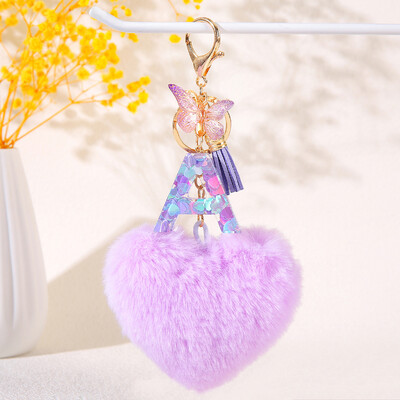 Pom pom în formă de inimă violet Breloc inițial cu paiete Breloc inimă cu 26 de litere pandantiv pentru geantă cuplu de studenți pentru bărbați și femei