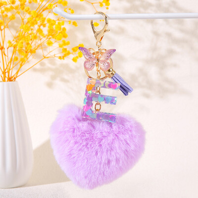 Pom pom în formă de inimă violet Breloc inițial cu paiete Breloc inimă cu 26 de litere pandantiv pentru geantă cuplu de studenți pentru bărbați și femei