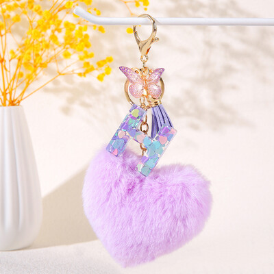 Pom pom în formă de inimă violet Breloc inițial cu paiete Breloc inimă cu 26 de litere pandantiv pentru geantă cuplu de studenți pentru bărbați și femei