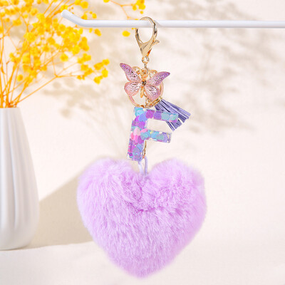 Pom pom în formă de inimă violet Breloc inițial cu paiete Breloc inimă cu 26 de litere pandantiv pentru geantă cuplu de studenți pentru bărbați și femei