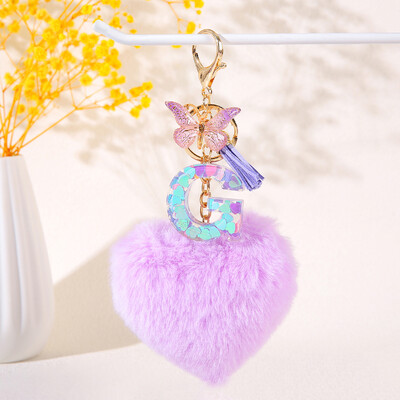 Pom pom în formă de inimă violet Breloc inițial cu paiete Breloc inimă cu 26 de litere pandantiv pentru geantă cuplu de studenți pentru bărbați și femei