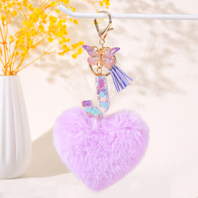 Pom pom în formă de inimă violet Breloc inițial cu paiete Breloc inimă cu 26 de litere pandantiv pentru geantă cuplu de studenți pentru bărbați și femei