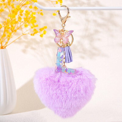 Pom pom în formă de inimă violet Breloc inițial cu paiete Breloc inimă cu 26 de litere pandantiv pentru geantă cuplu de studenți pentru bărbați și femei