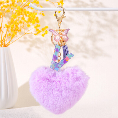 Pom pom în formă de inimă violet Breloc inițial cu paiete Breloc inimă cu 26 de litere pandantiv pentru geantă cuplu de studenți pentru bărbați și femei