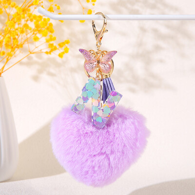 Pom pom în formă de inimă violet Breloc inițial cu paiete Breloc inimă cu 26 de litere pandantiv pentru geantă cuplu de studenți pentru bărbați și femei