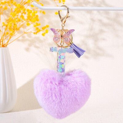 Pom pom în formă de inimă violet Breloc inițial cu paiete Breloc inimă cu 26 de litere pandantiv pentru geantă cuplu de studenți pentru bărbați și femei